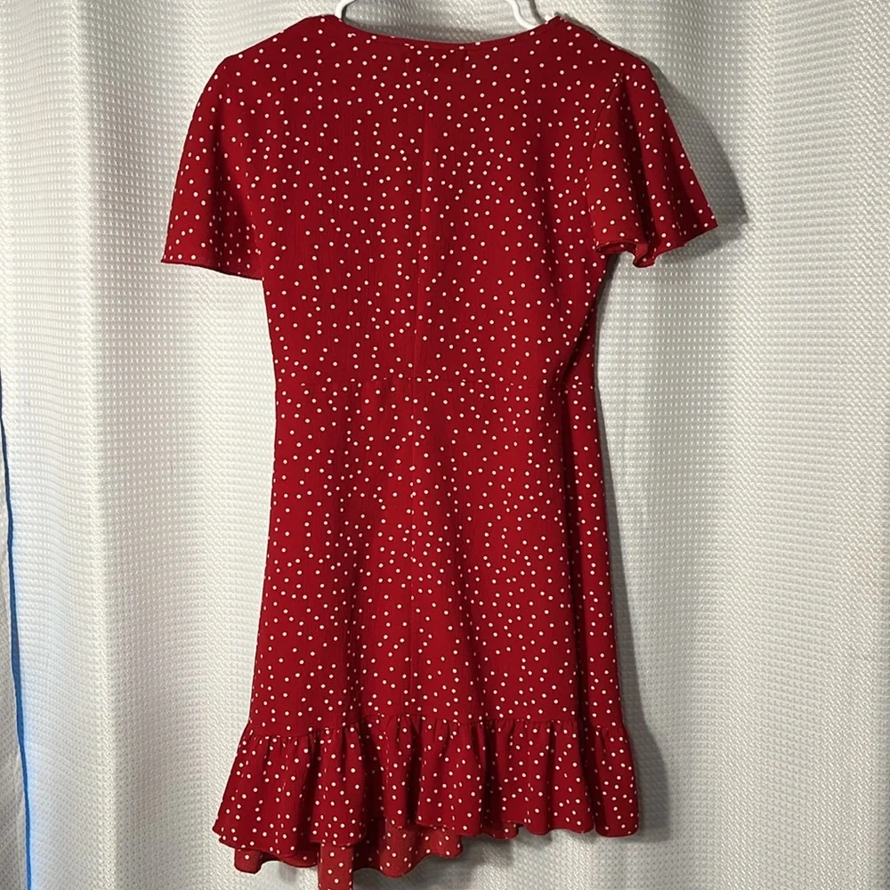 Relipop Women’s Wrap with Ruffle Hem Mini Red with white polka dot Dress - Picture 3 of 13